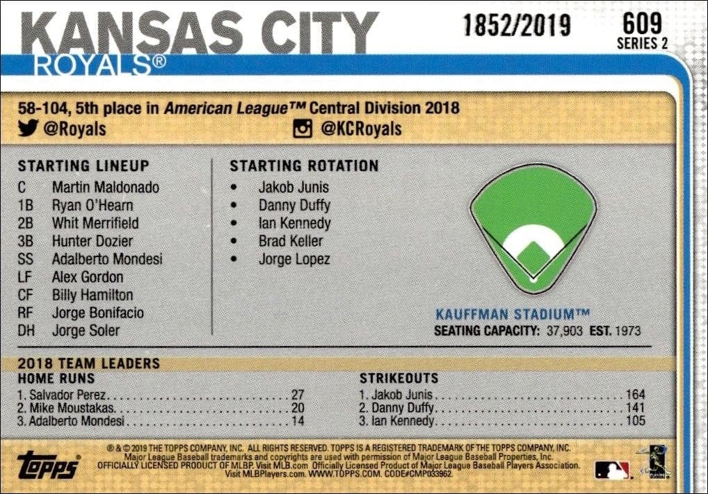 2019 Topps Series 2 Kauffman Stadium #609 baseball trading card back