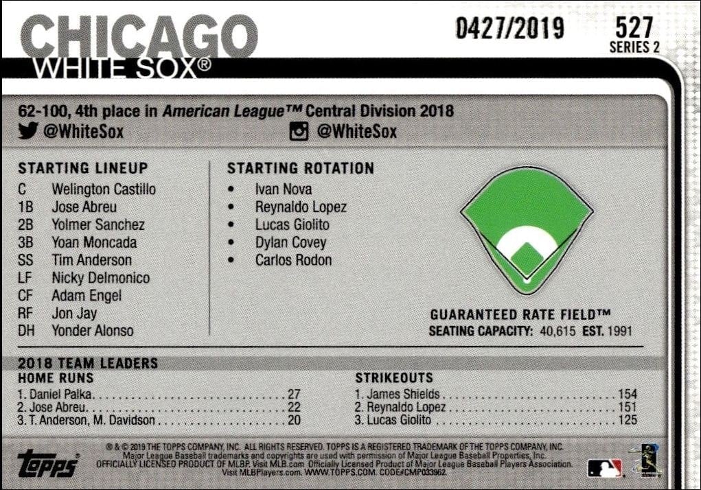 2019 Topps Series 2 Guaranteed Rate Field #527 baseball trading card back