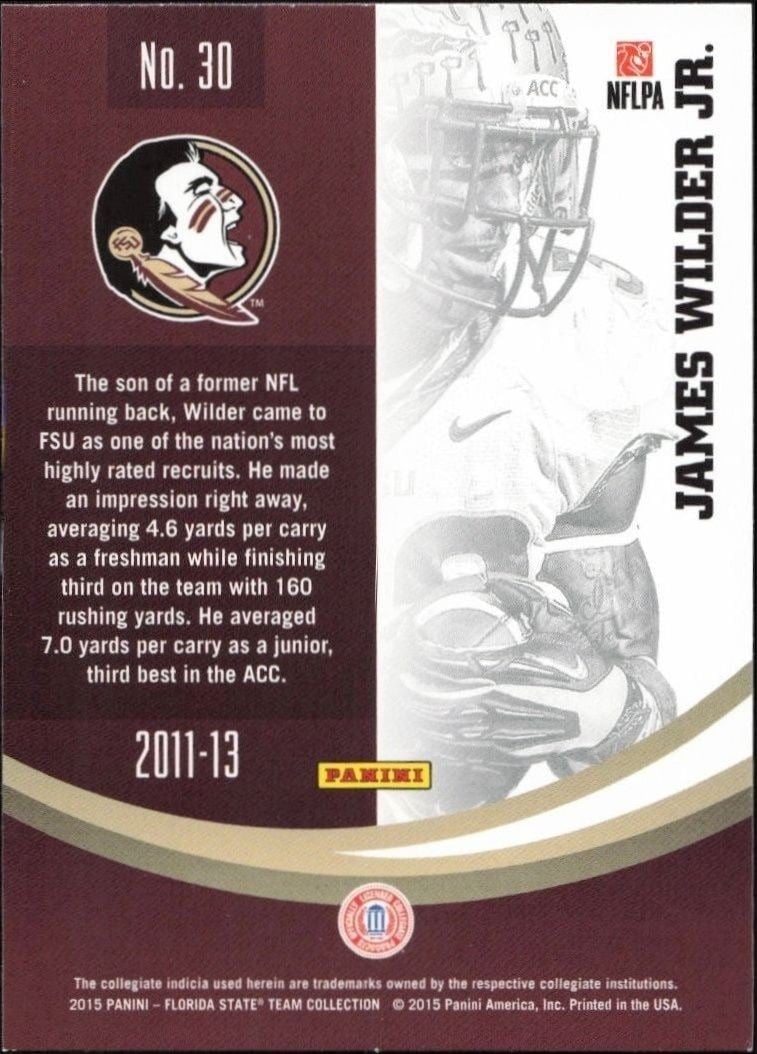 2015 Panini Florida State Seminoles James Wilder Jr. #30 football trading card back