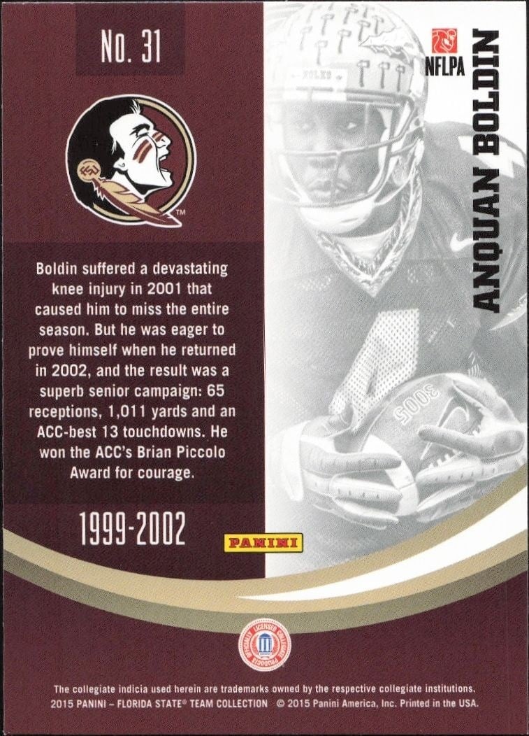 2015 Panini Florida State Seminoles Anquan Boldin #31 football trading card back