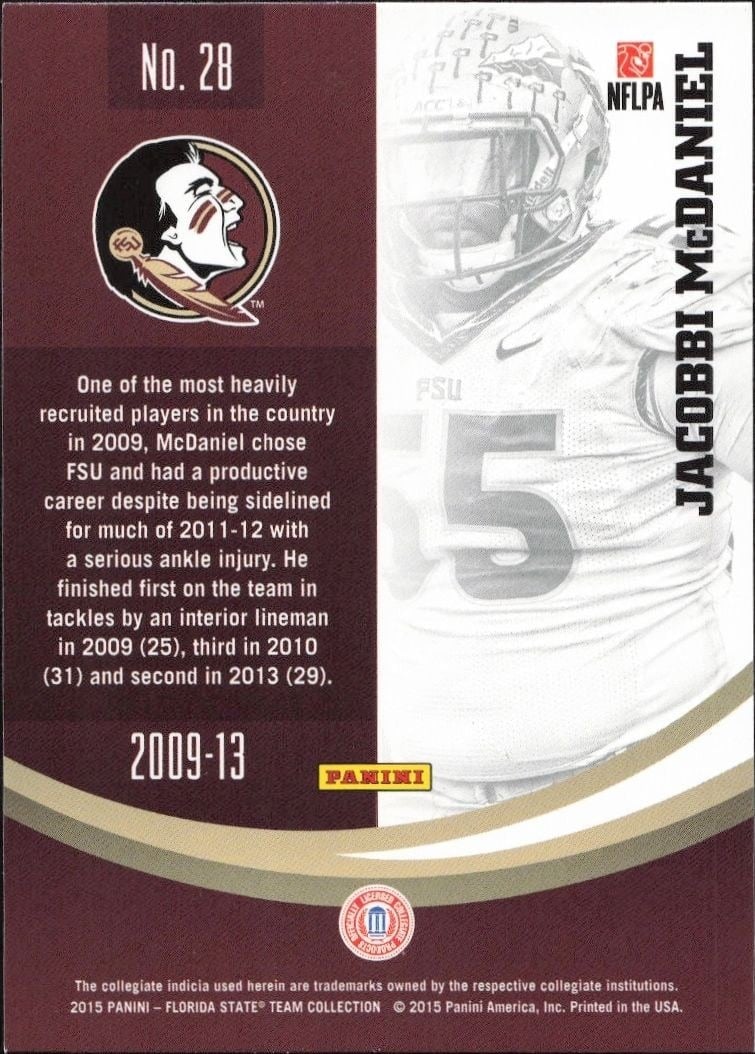 2015 Panini Florida State Seminoles Jacobbi McDaniel #28 football trading card back