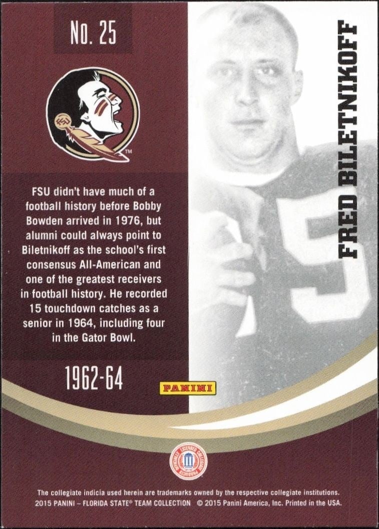 2015 Panini Florida State Seminoles Fred Billetnikoff #25 football trading card back