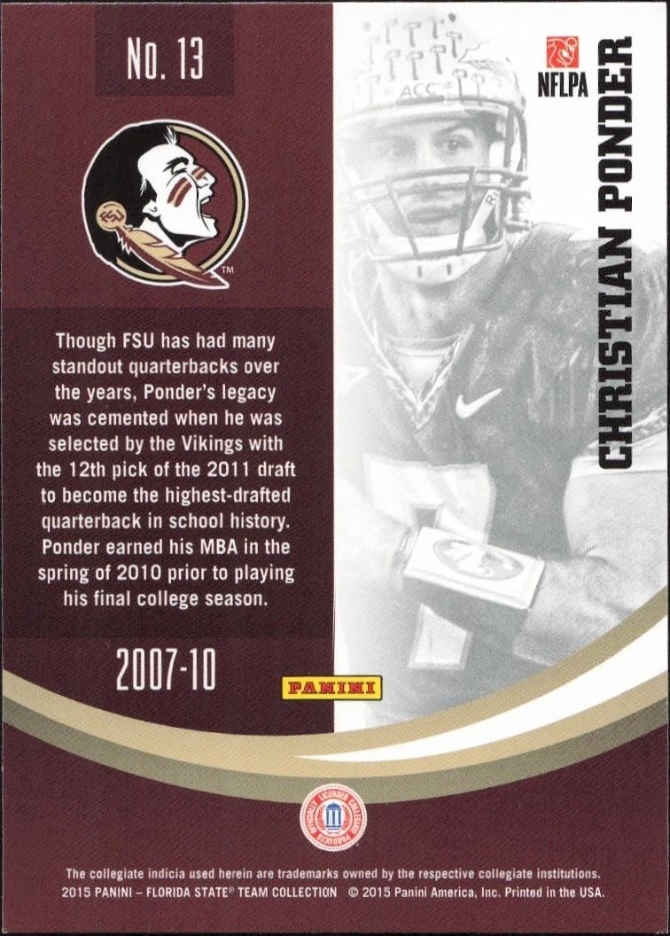 2015 Panini Florida State Seminoles Christian Ponder #13 football trading card back