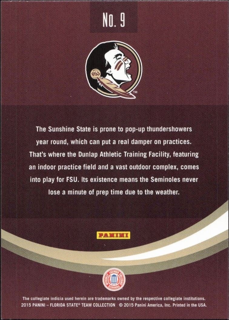 2015 Panini Florida State Seminoles Albert J. Dunlap Athletic Training Facility #9 football trading card back