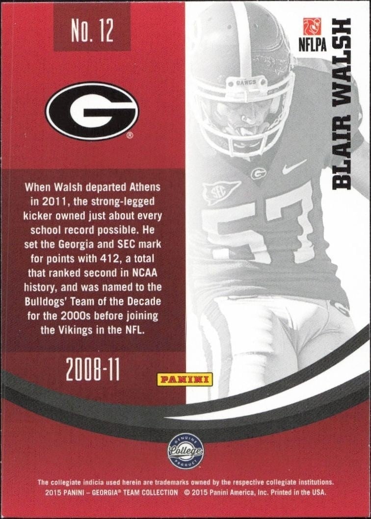 2015 Panini Georgia Bulldogs Blair Walsh #12 football trading card back