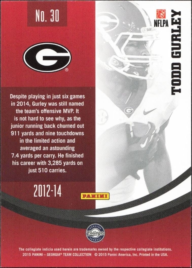 2015 Panini Georgia Bulldogs Todd Gurley #30 football trading card back
