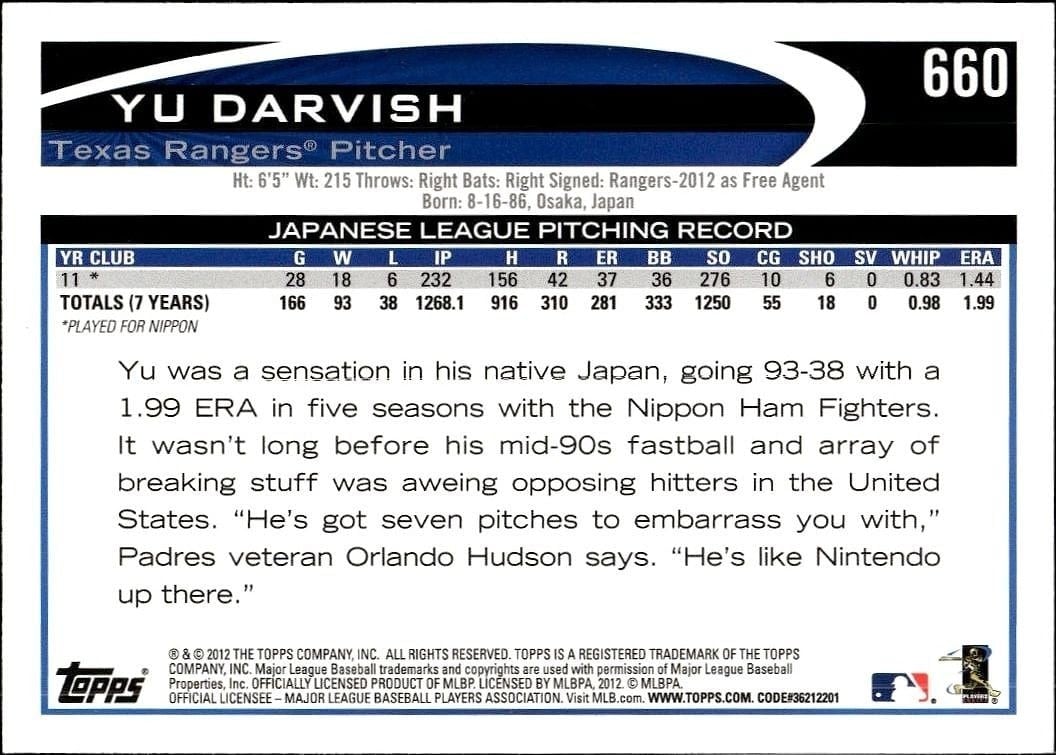 2012 Topps Yu Darvish #660 baseball trading card back