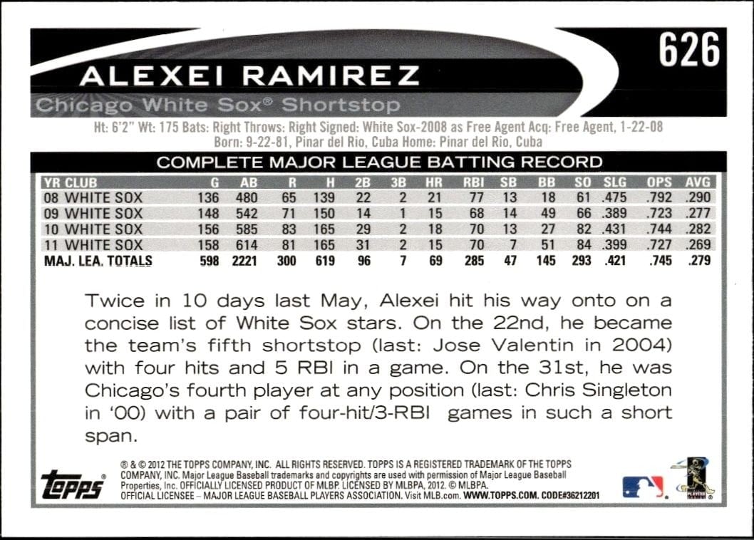 2012 Topps Alexei Ramirez #626 baseball trading card back