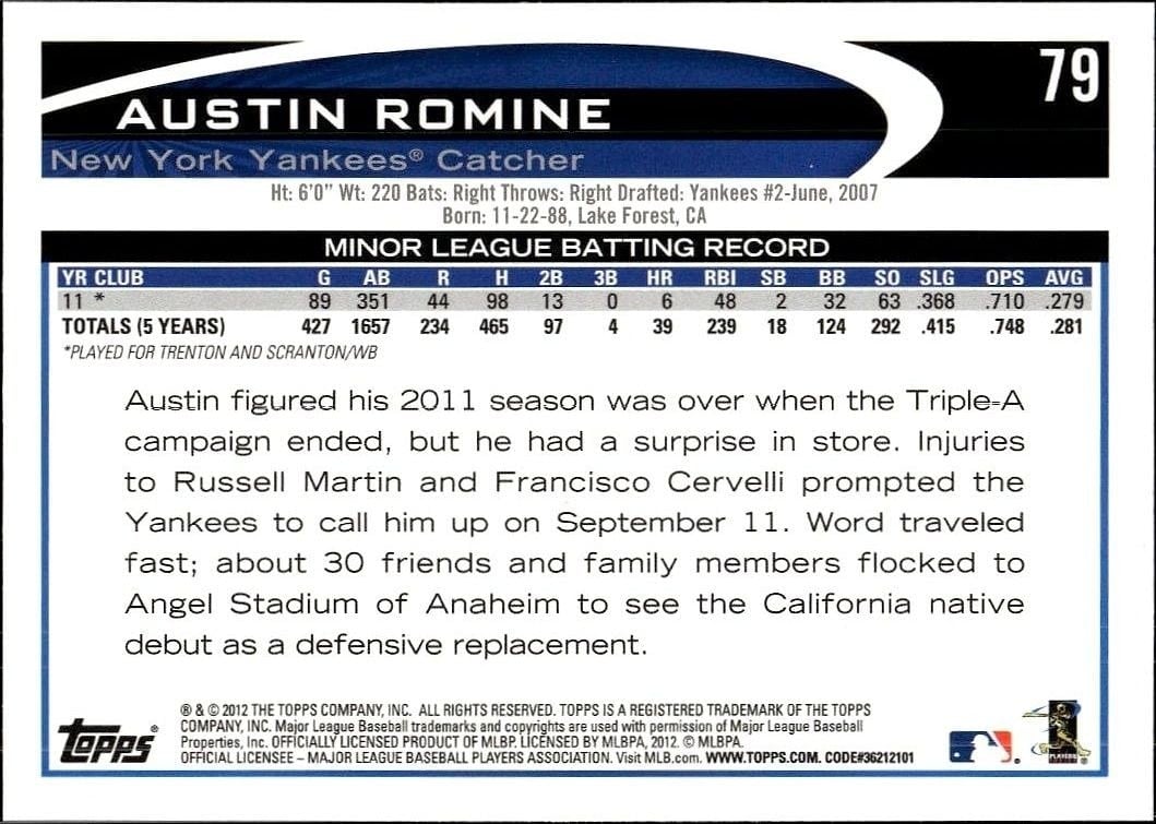 2012 Topps Austin Romine #79 baseball trading card back