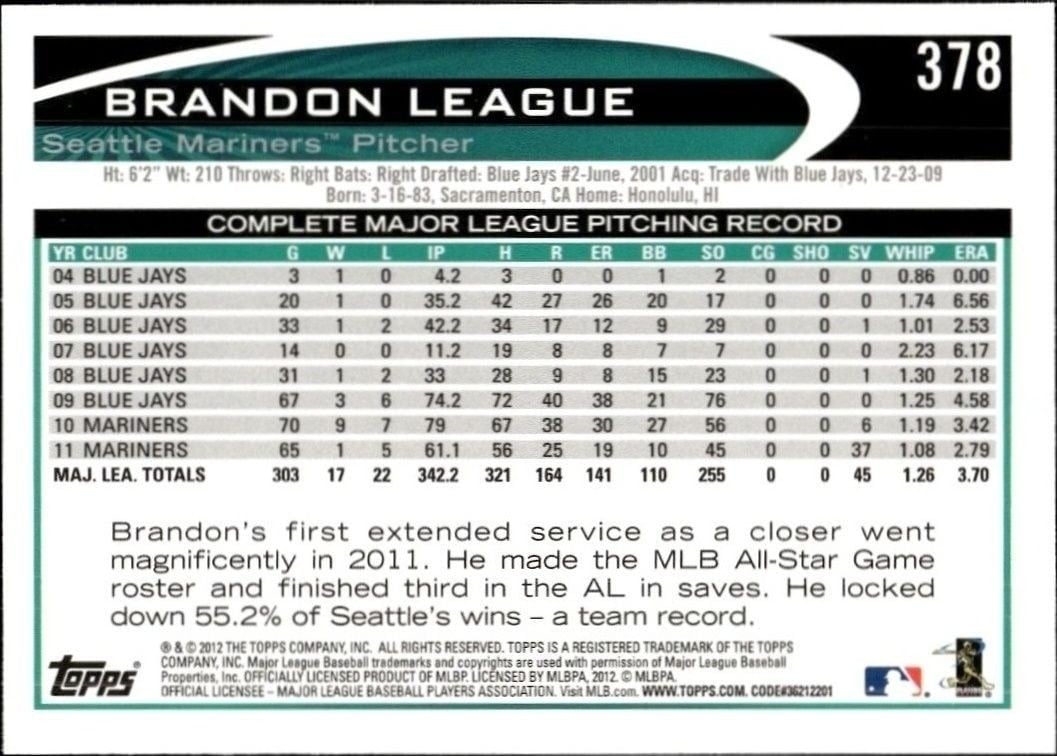 2012 Topps Brandon League #378 baseball trading card back