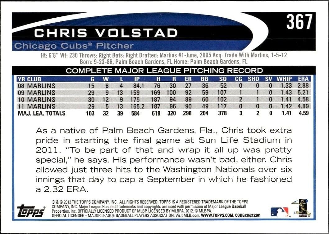 2012 Topps Chris Volstad #367 baseball trading card back