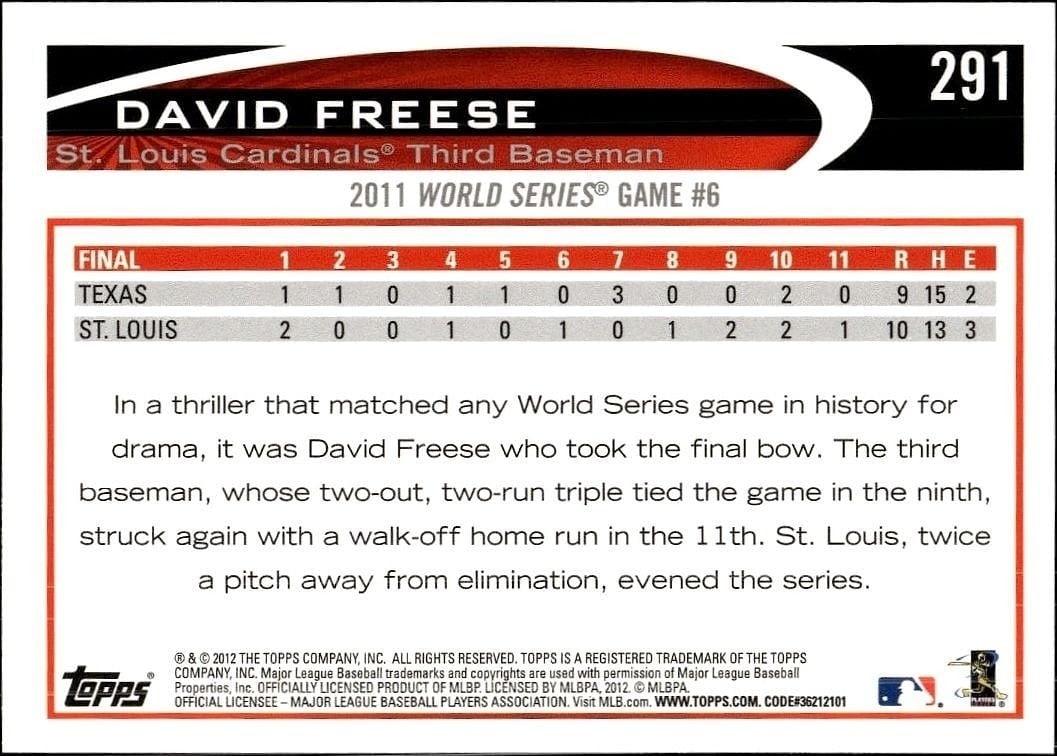 2012 Topps David Freese #291 baseball trading card back