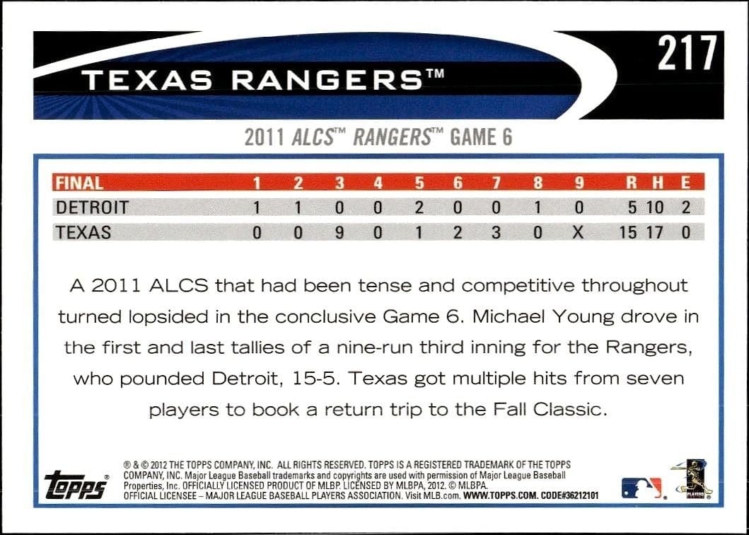 2012 Topps Texas Rangers #217 baseball trading card back