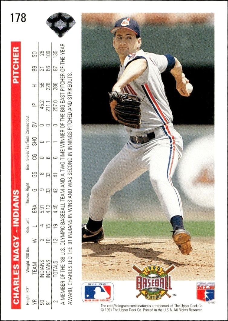 1992 Upper Deck Charles Nagy #178 baseball trading card back