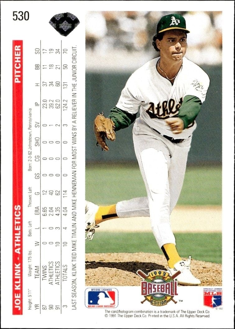 1992 Upper Deck Joe Klink #530 baseball trading card back