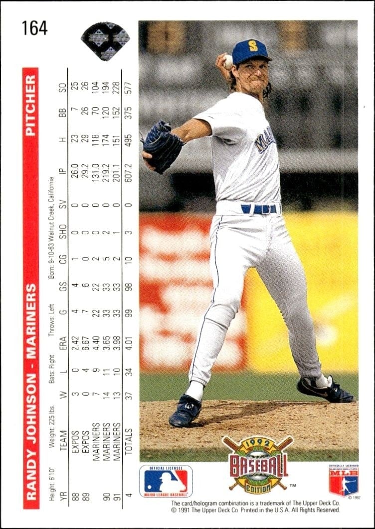 1992 Upper Deck Randy Johnson #164 baseball trading card back