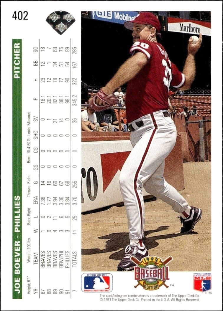 1992 Upper Deck Joe Boever #402 baseball trading card back
