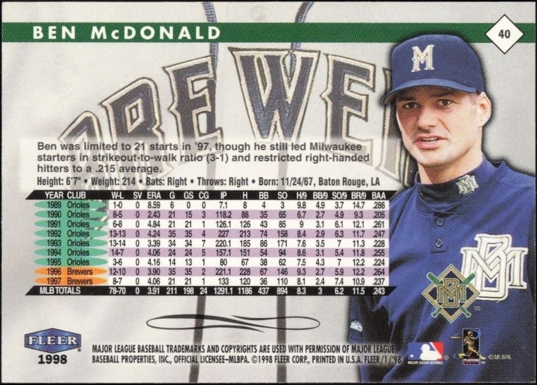 1998 Fleer Tradition Ben McDonald #40 baseball trading card back