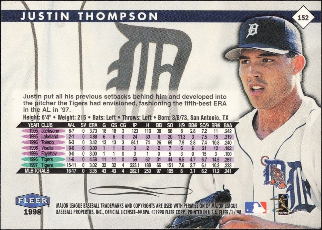 1998 Fleer Tradition Justin Thompson #152 baseball trading card back