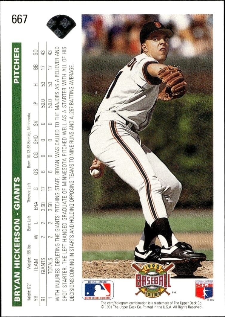 1992 Upper Deck Bryan Hickerson #667 baseball trading card back
