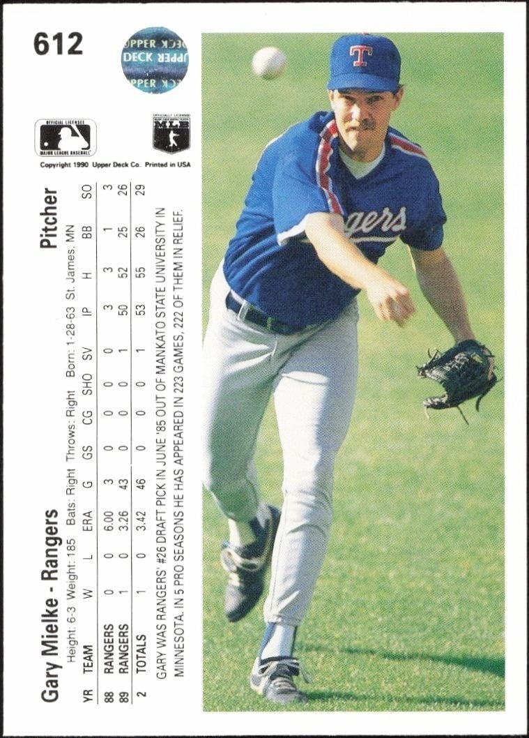 1990 Upper Deck Gary Mielke #612 baseball trading card back