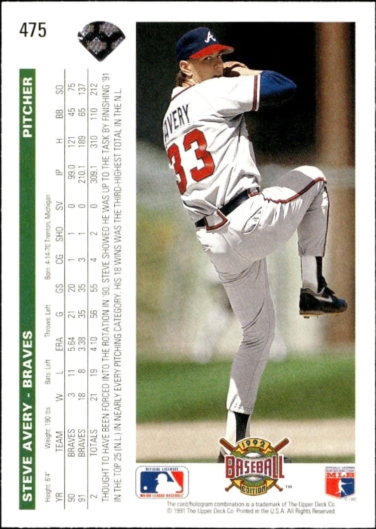 1992 Upper Deck Steve Avery #475 baseball trading card back