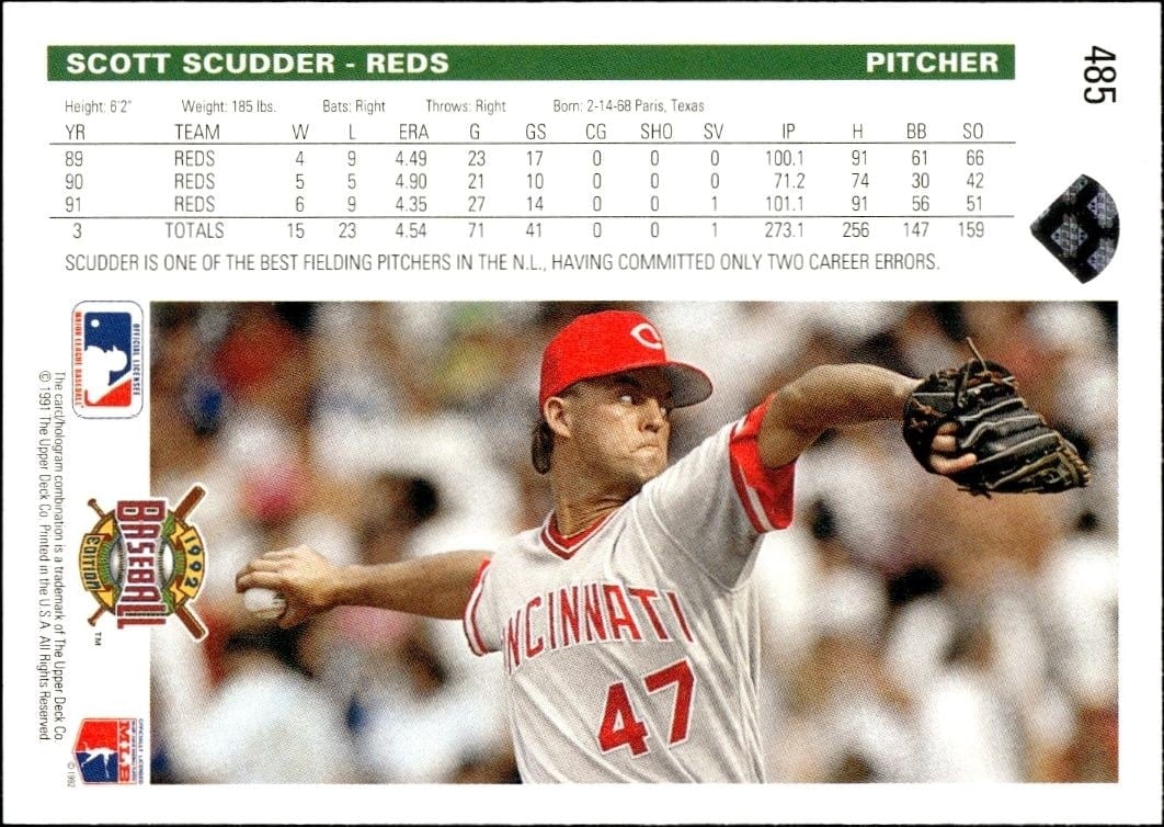 1992 Upper Deck Scott Scudder #485 baseball trading card back
