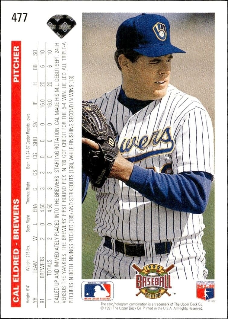 1992 Upper Deck Cal Eldred #477 baseball trading card back
