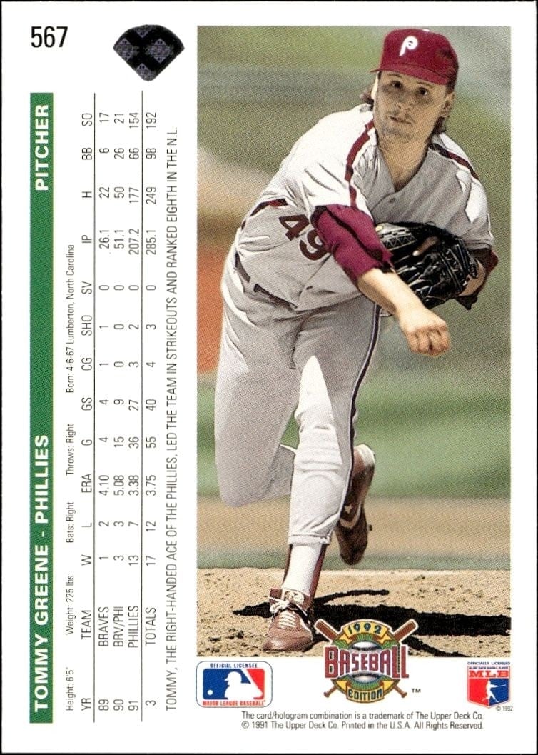1992 Upper Deck Tommy Greene #567 baseball trading card back