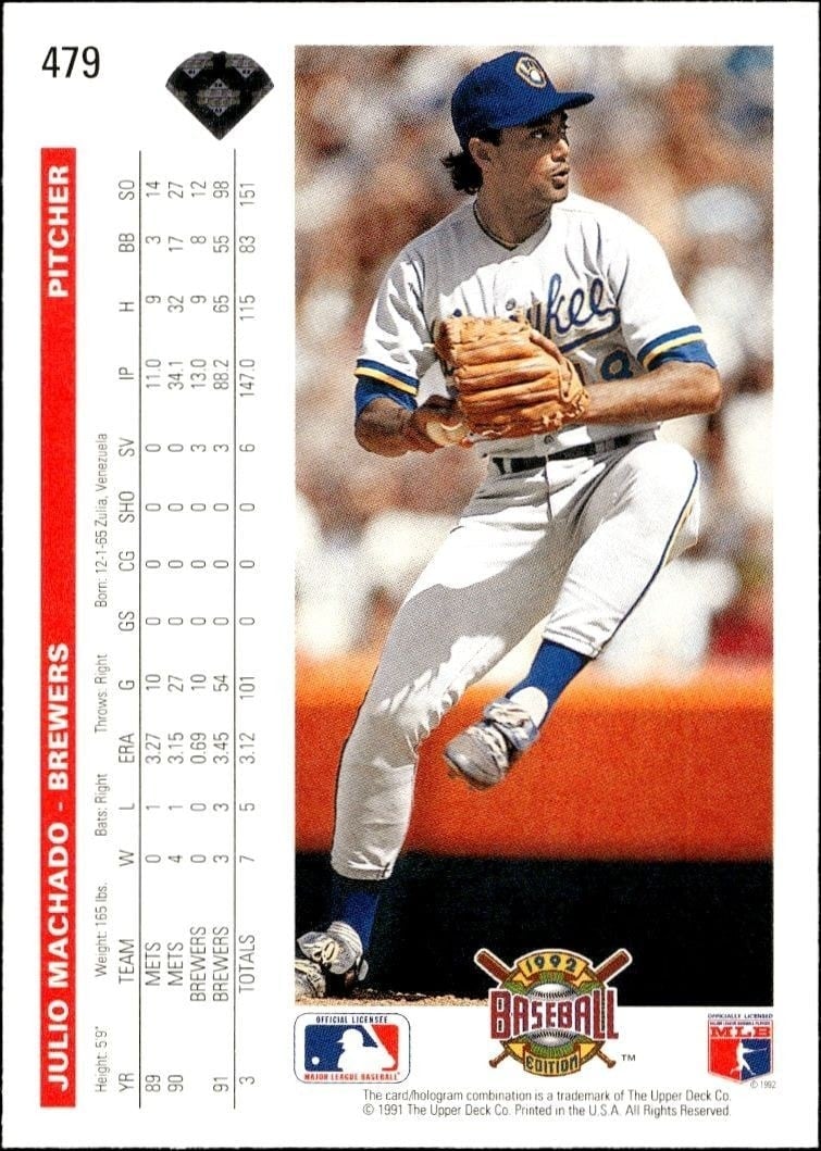 1992 Upper Deck Julio Machado #479 baseball trading card back