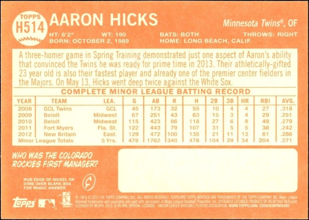 2013 Topps Heritage High Number Aaron Hicks #H514 baseball trading card back