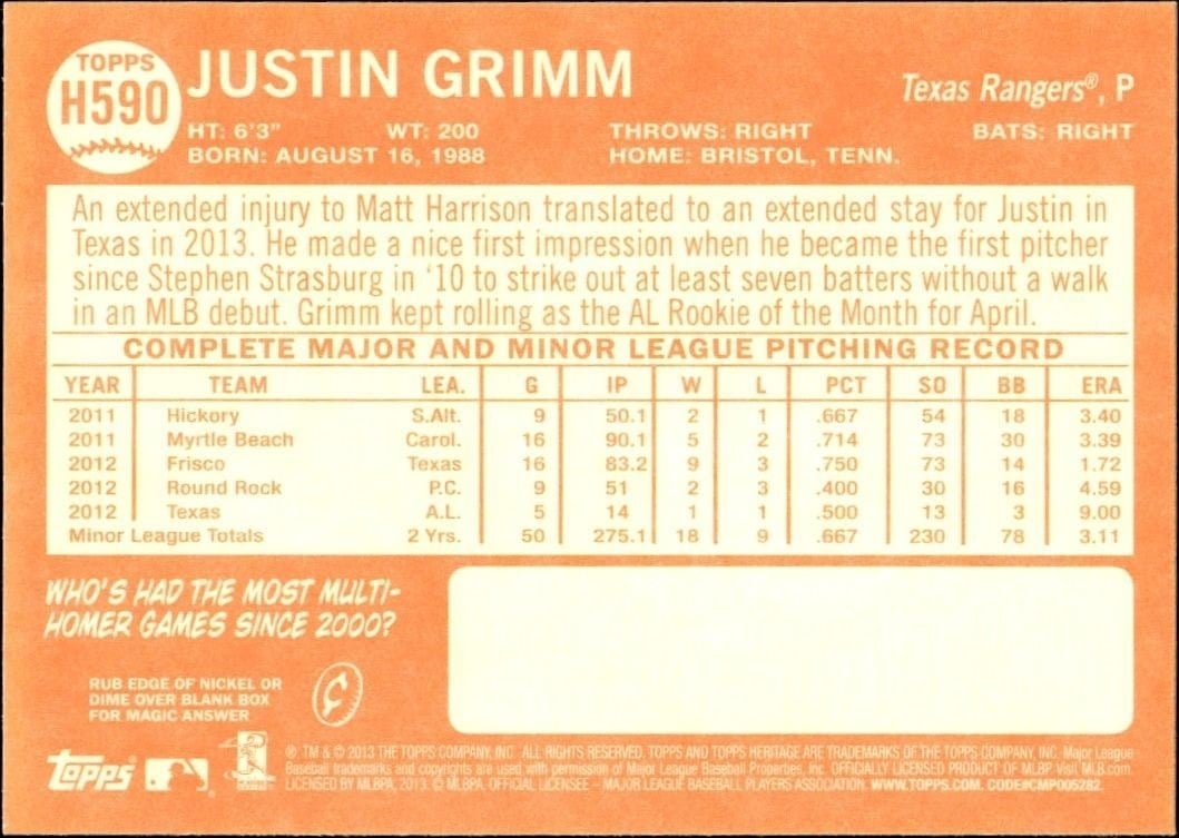 2013 Topps Heritage High Number Justin Grimm #H590 baseball trading card back