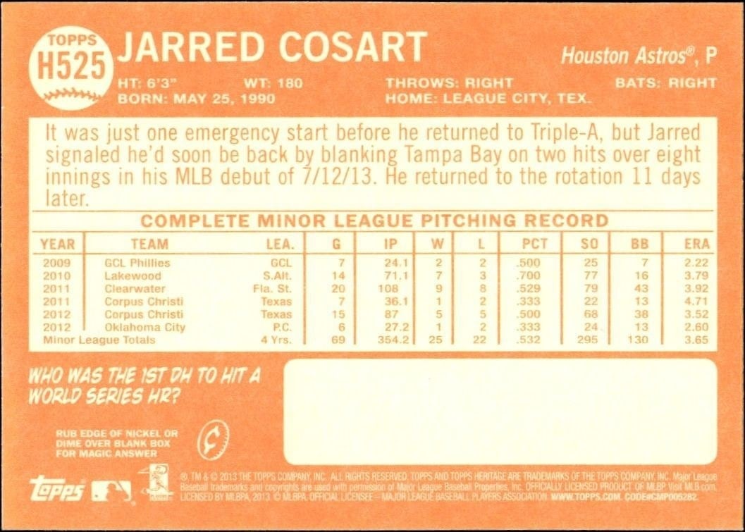 2013 Topps Heritage High Number Jarred Cosart #H525 baseball trading card back