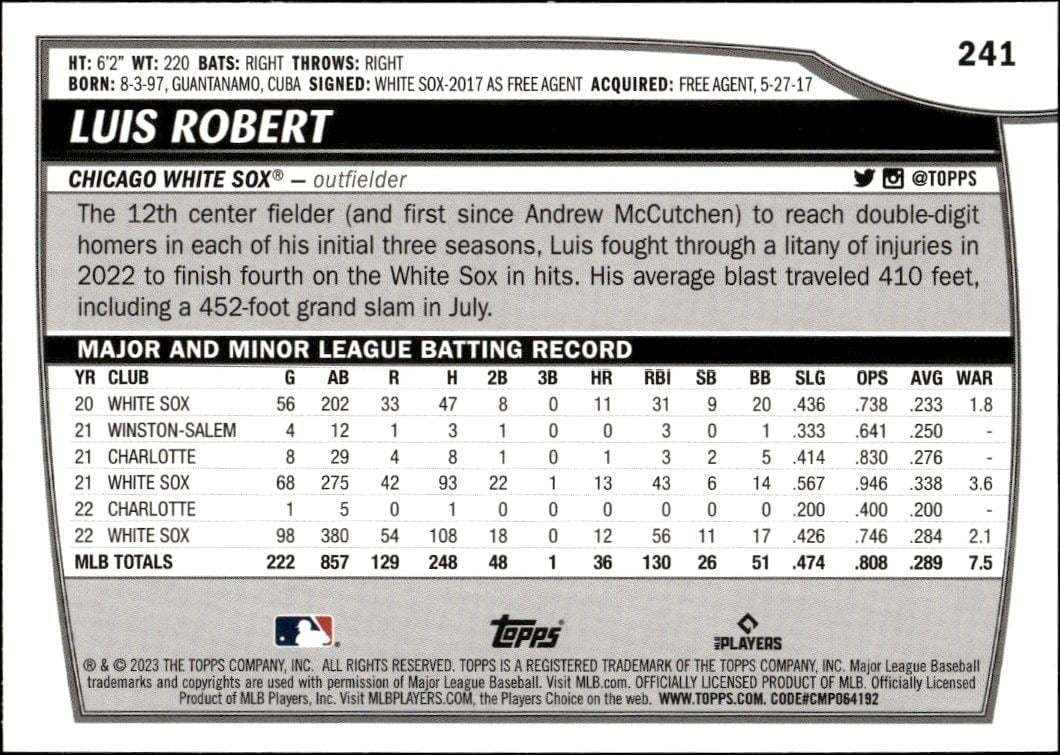 2023 Topps Big League Luis Robert #241 baseball trading card back