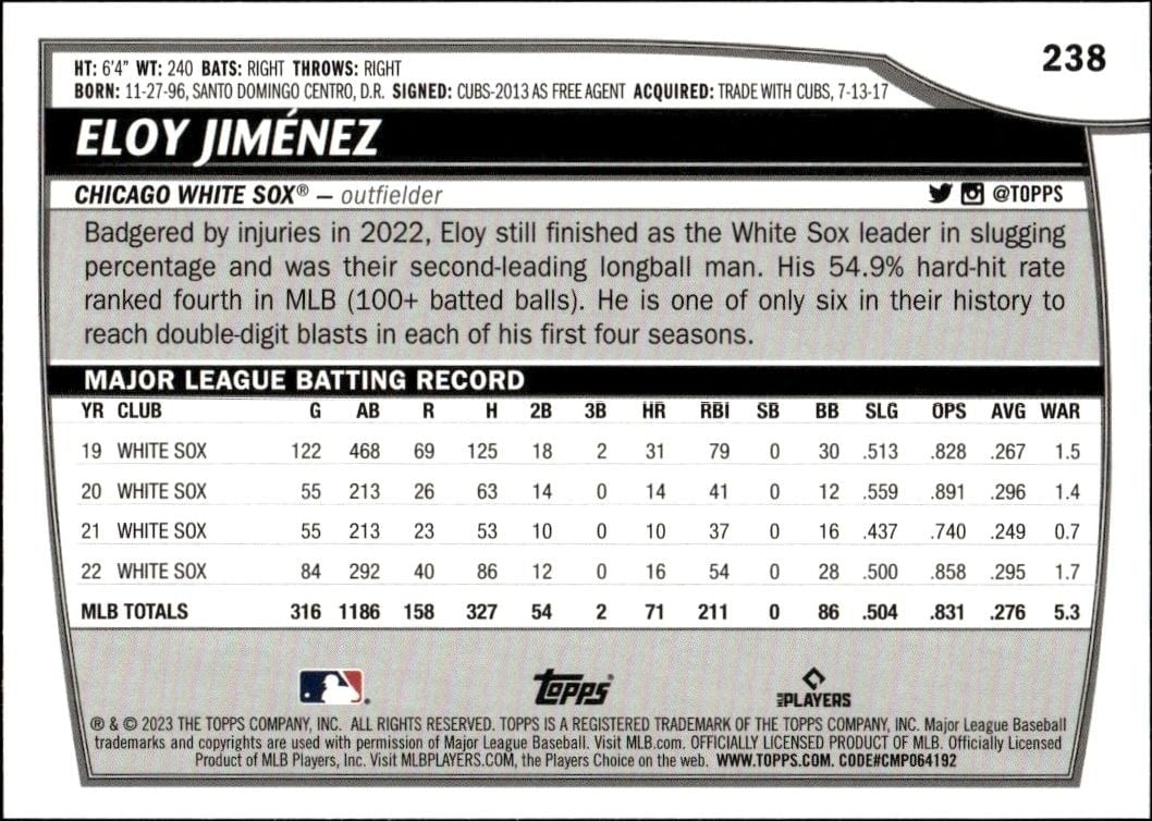 2023 Topps Big League Eloy Jimenez #238 baseball trading card back