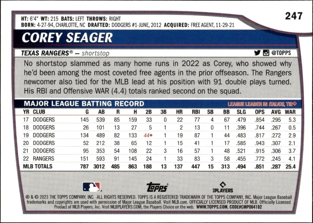 2023 Topps Big League Corey Seager #247 baseball trading card back