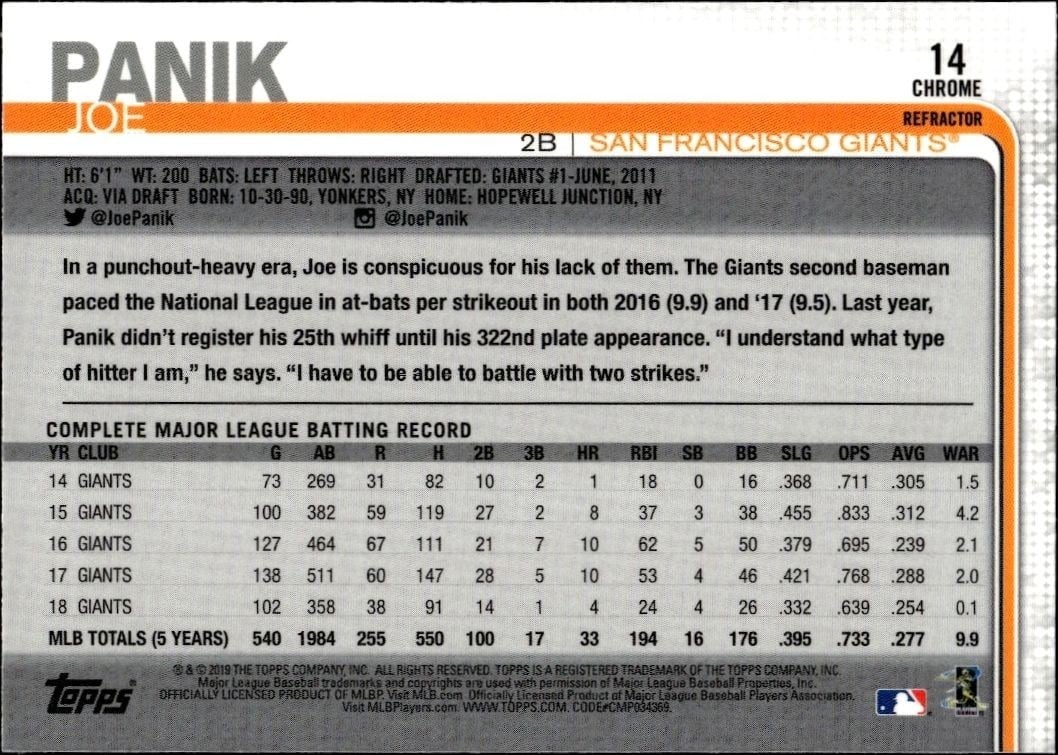 2019 Topps Chrome Joe Panik #14 baseball trading card back