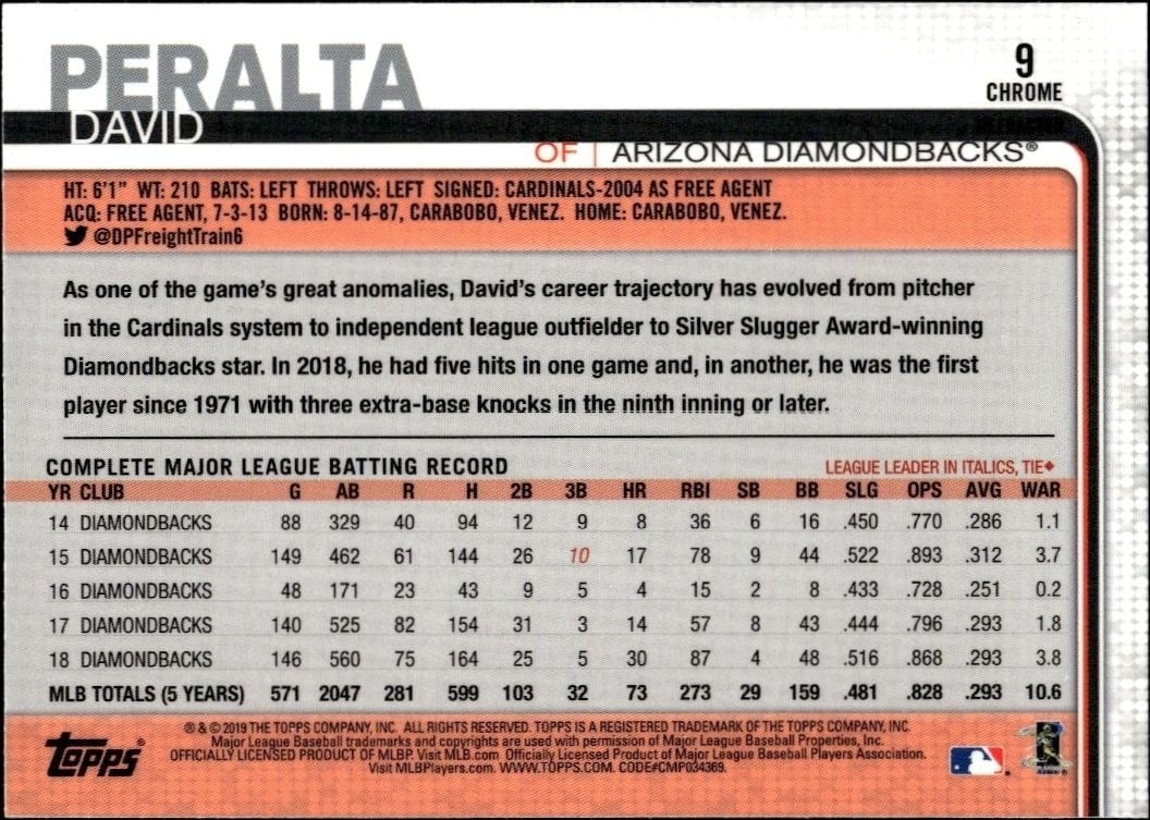 2019 Topps Chrome David Peralta #9 baseball trading card back