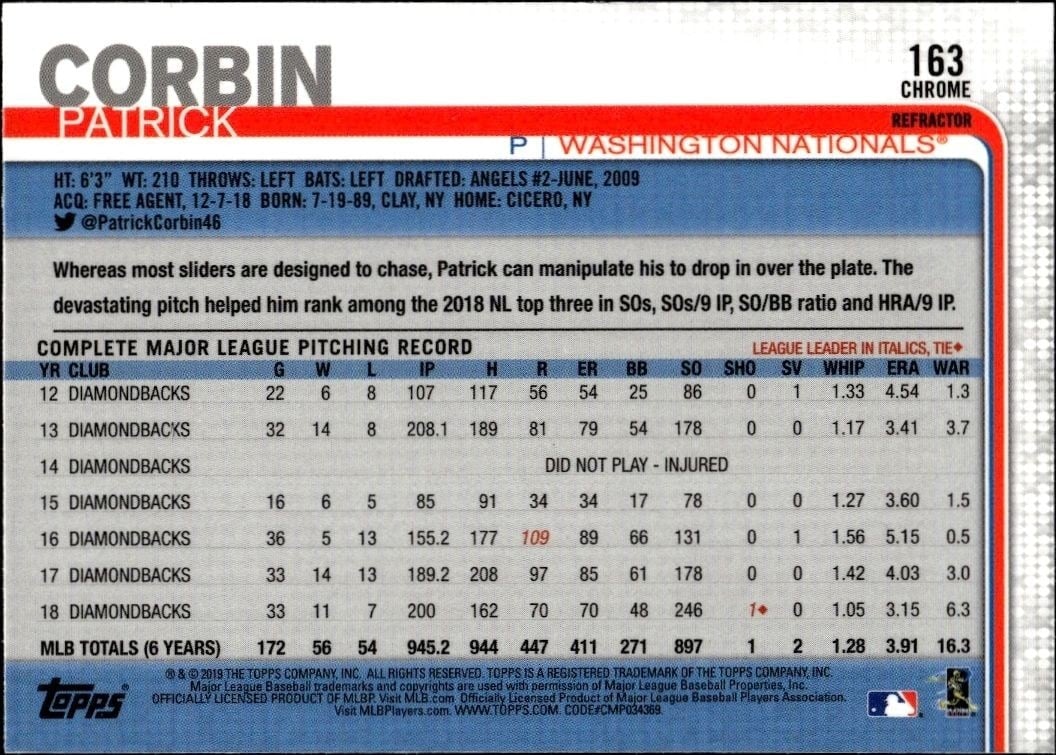 2019 Topps Chrome Patrick Corbin #163 baseball trading card back