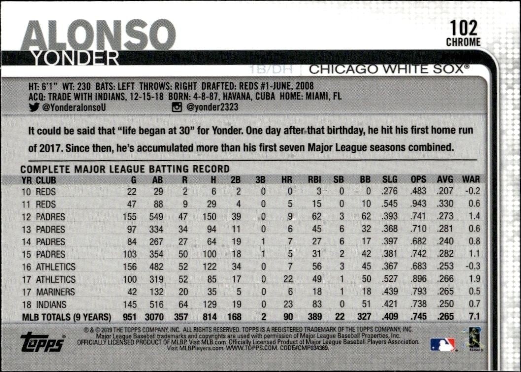2019 Topps Chrome Yonder Alonso #102 baseball trading card back