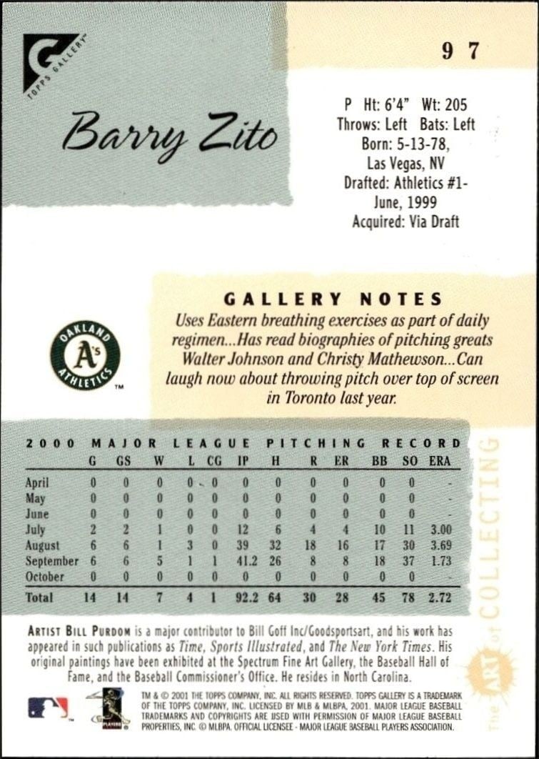 2001 Topps Gallery Barry Zito #97 baseball trading card back