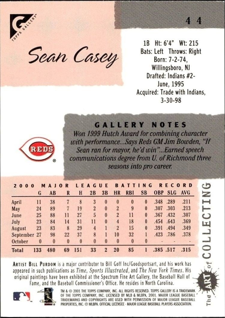 2001 Topps Gallery Sean Casey #44 baseball trading card back