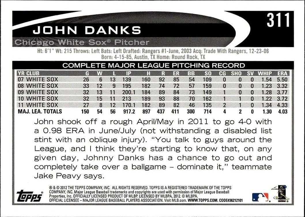 2012 Topps John Danks #311 baseball trading card back