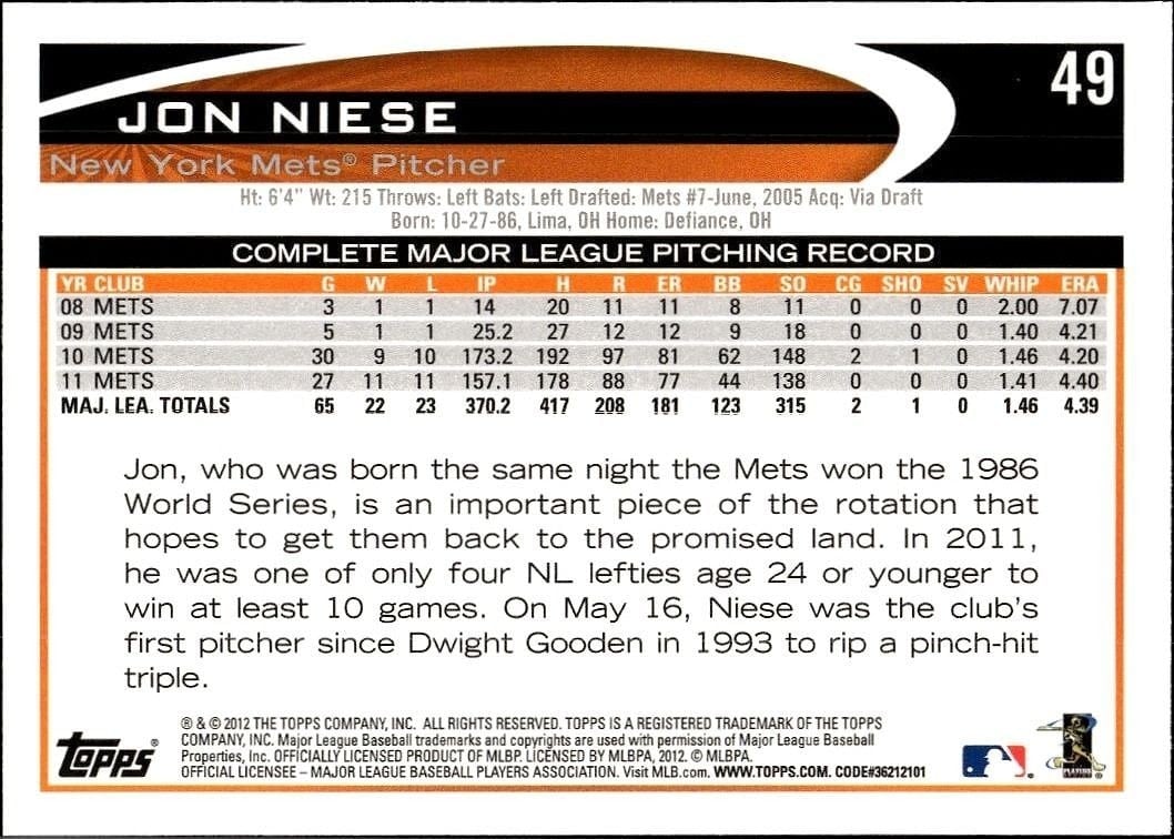 2012 Topps Jon Niese #49 baseball trading card back