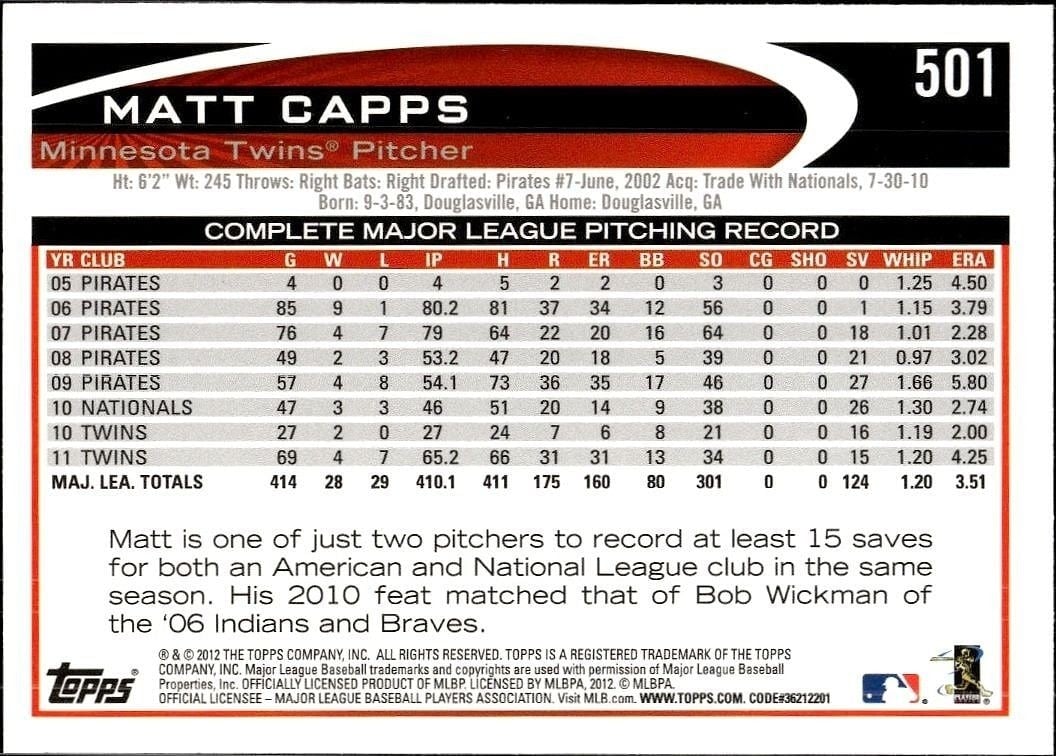 2012 Topps Matt Capps #501 baseball trading card back