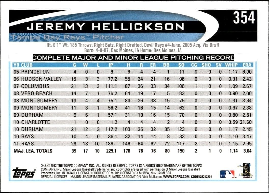 2012 Topps Jeremy Hellickson #354 baseball trading card back