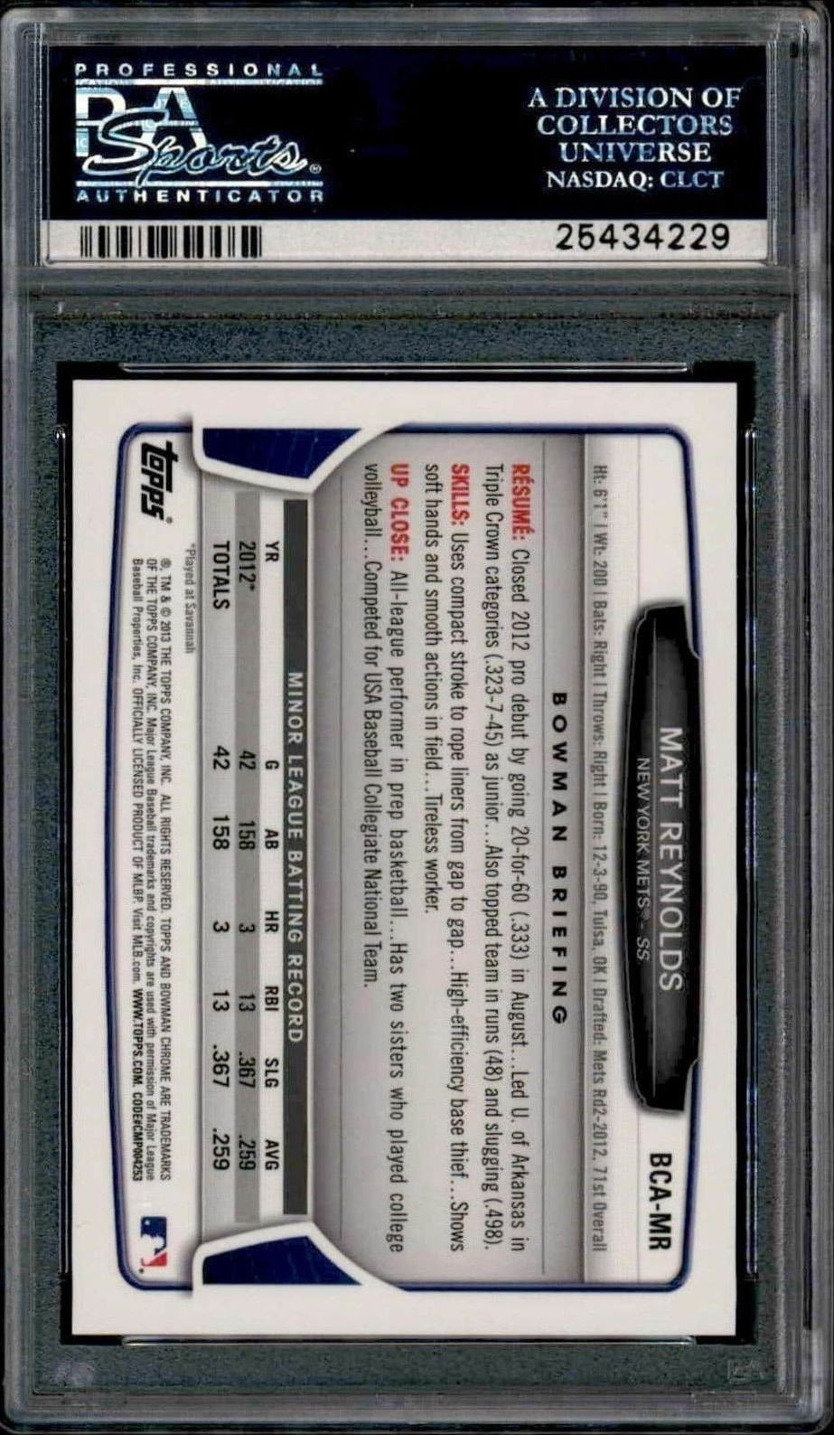 2013 Bowman Chrome Matt Reynolds #BCA-MR baseball trading card back