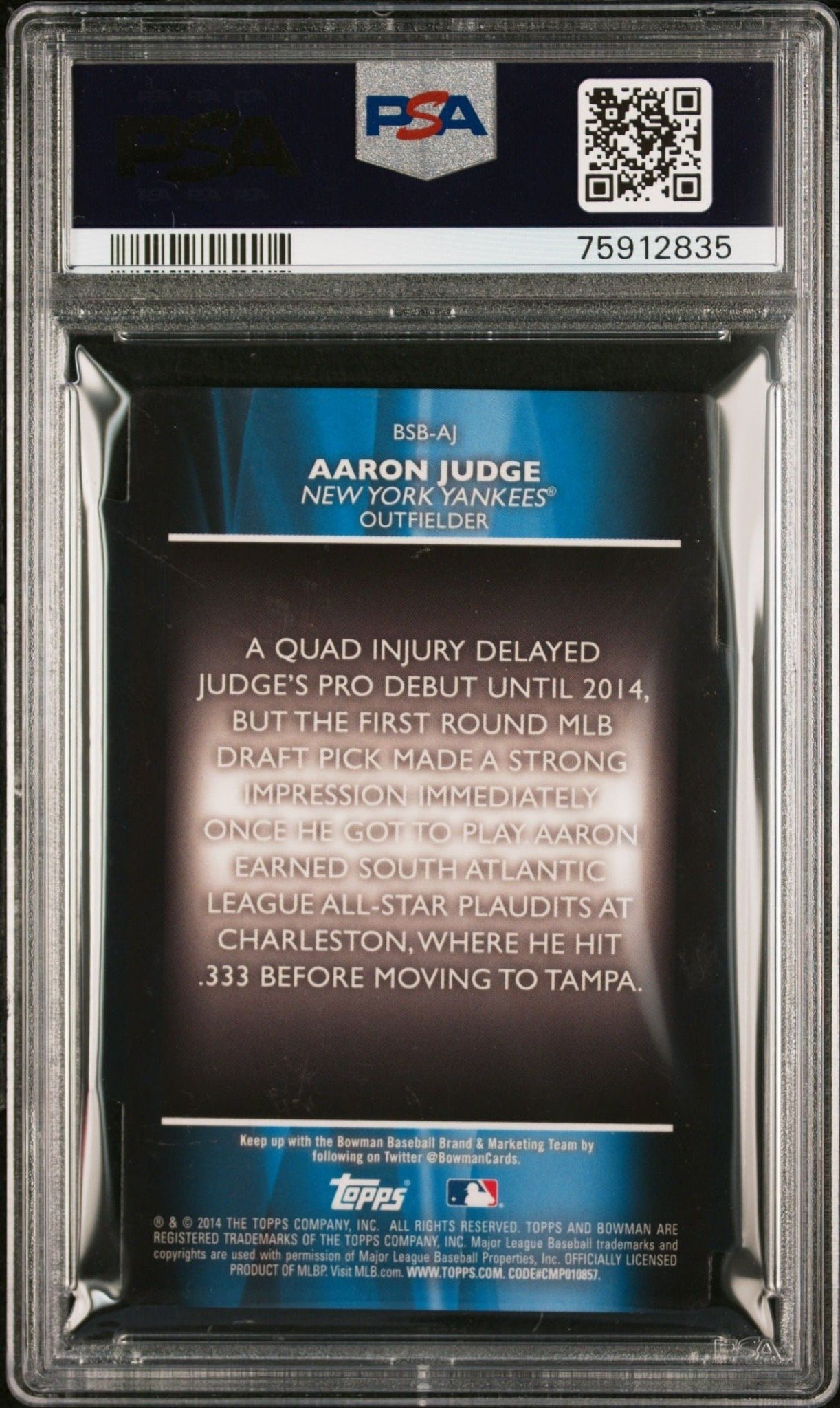 2014 Bowman Draft Aaron Judge #BSB-AJ baseball trading card back