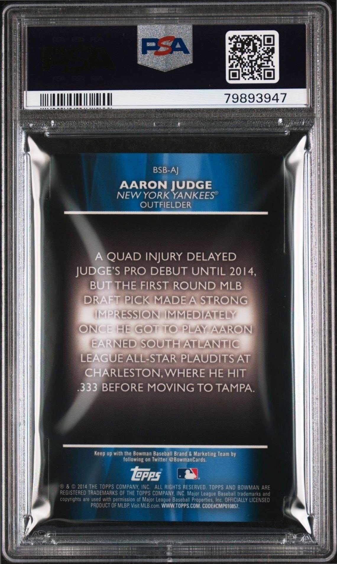 2014 Bowman Draft Aaron Judge #BSB-AJ baseball trading card back