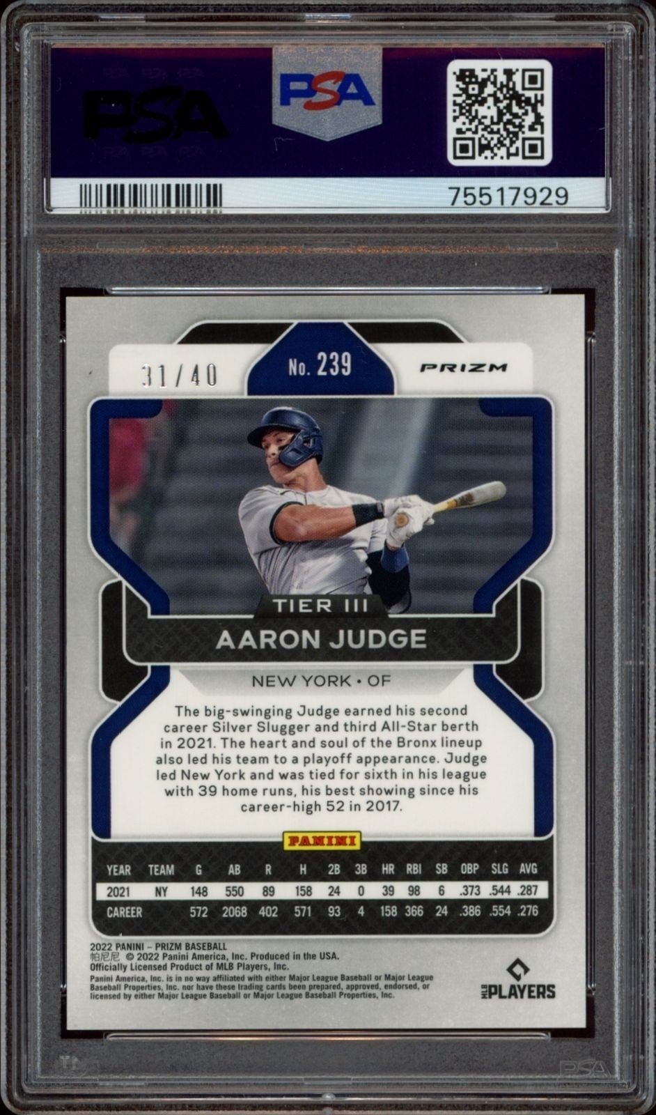 2022 Panini Aaron Judge #239 baseball trading card back